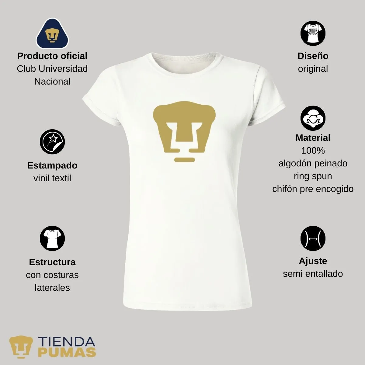 Playera Mujer Pumas UNAM Logo Dorado Vinil