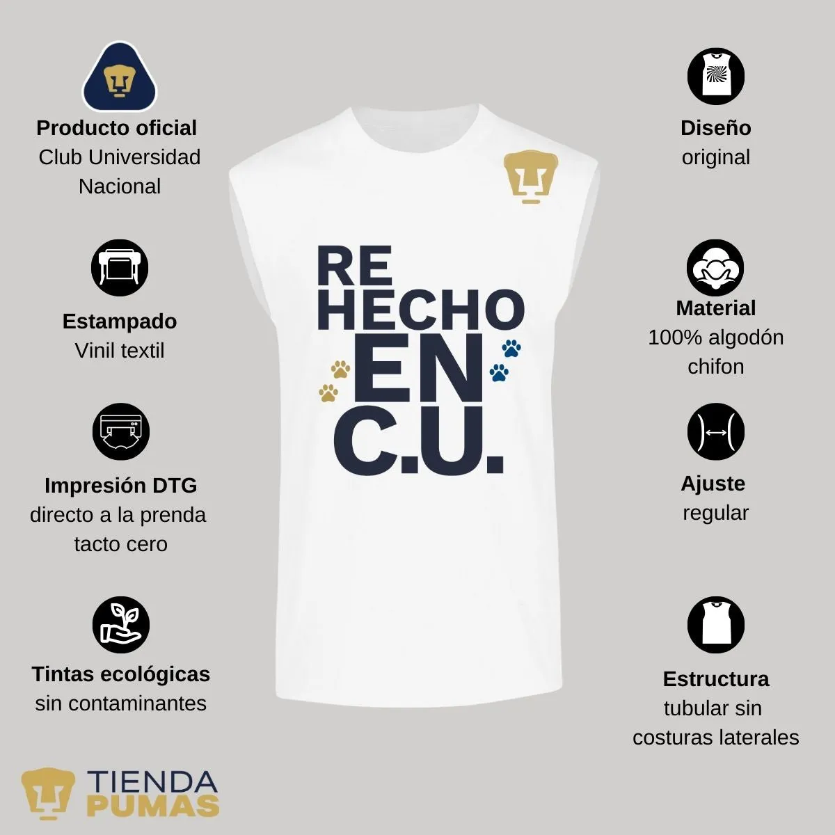 Playera Sin Manga Hombre Pumas UNAM Re Hecho en C.U.