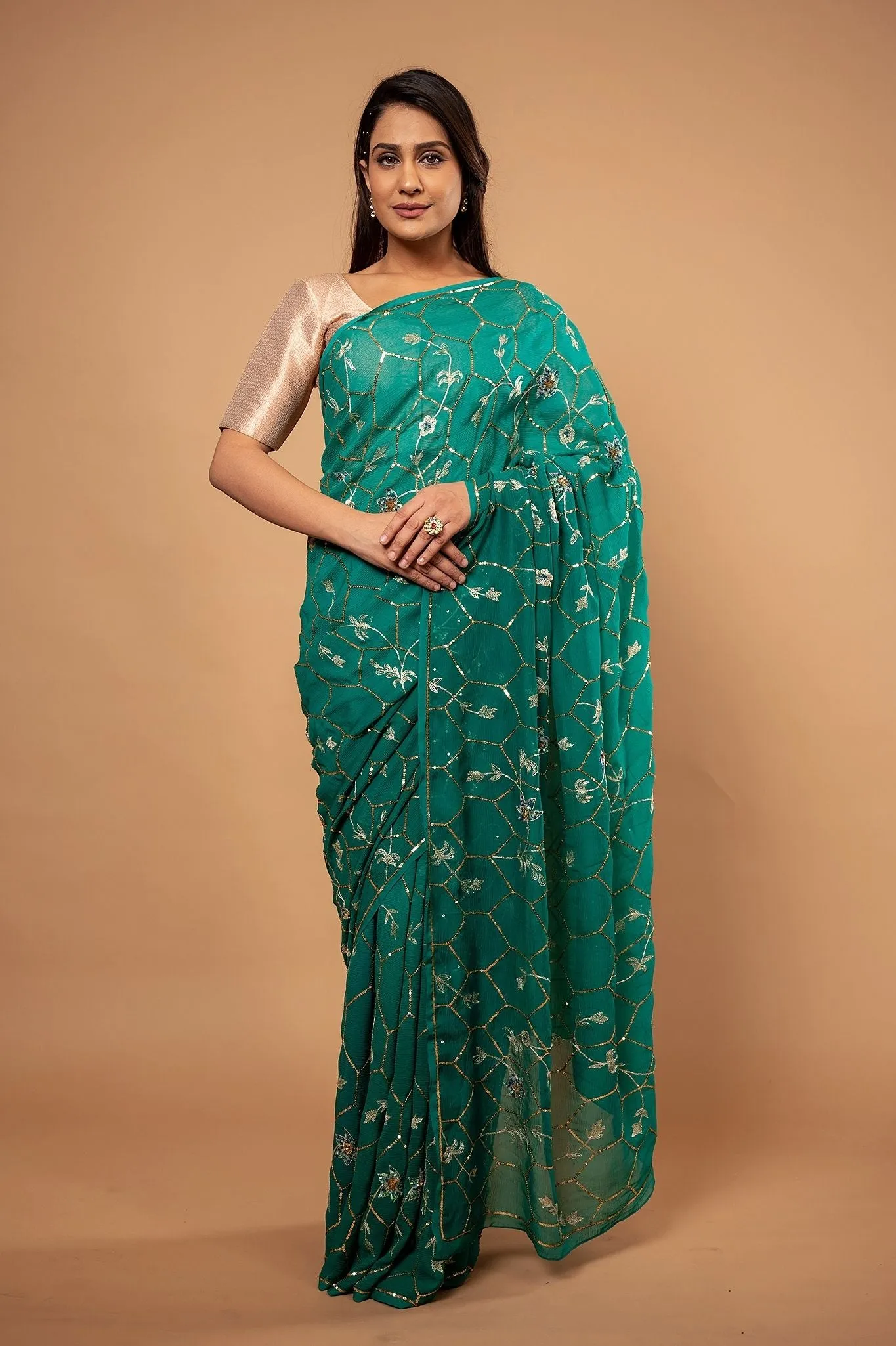 Pure Chiffon Aari Siquin Work Saree