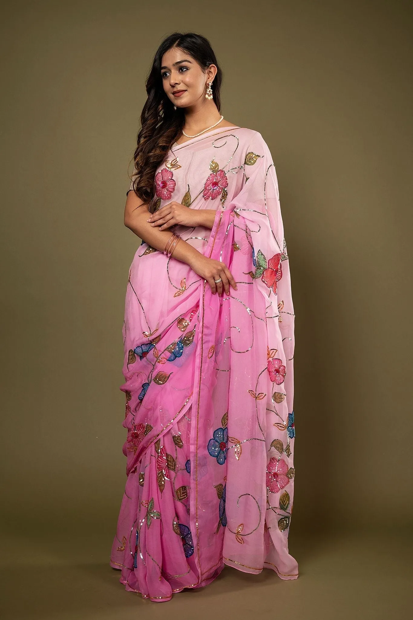 Pure Chiffon Handpainted Siquin Work Saree