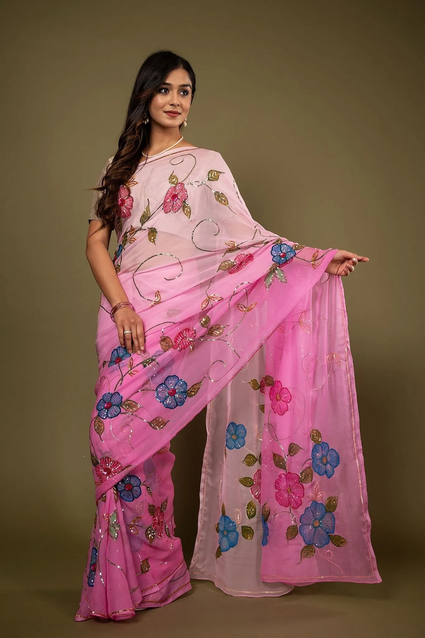 Pure Chiffon Handpainted Siquin Work Saree