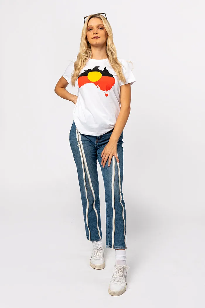 "Raise the Flag" Aboriginal Flag (Australia) White Cotton Crew Neck Womens T-Shirt