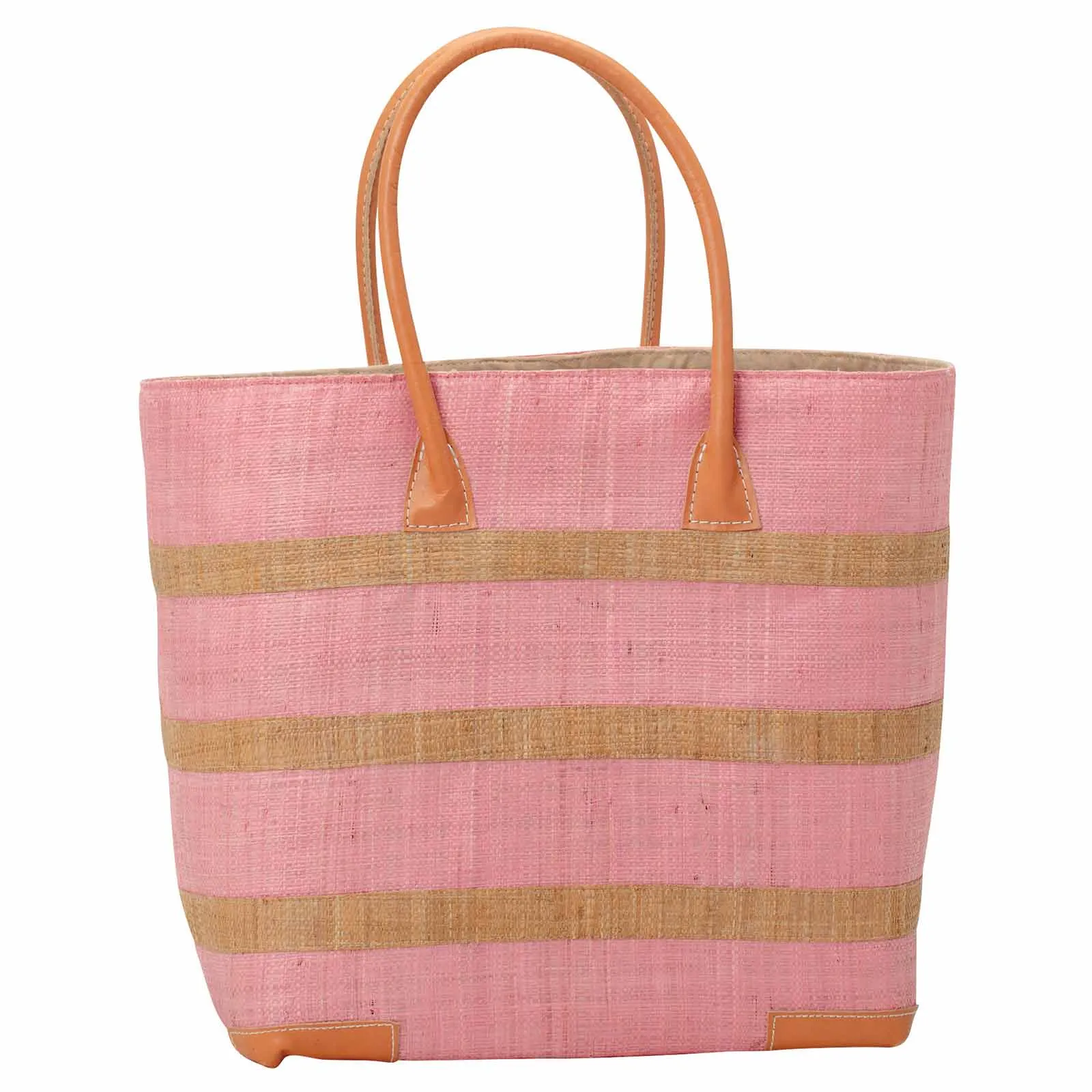 Raffia Pink Beach Stripe Tote with Leather Handle