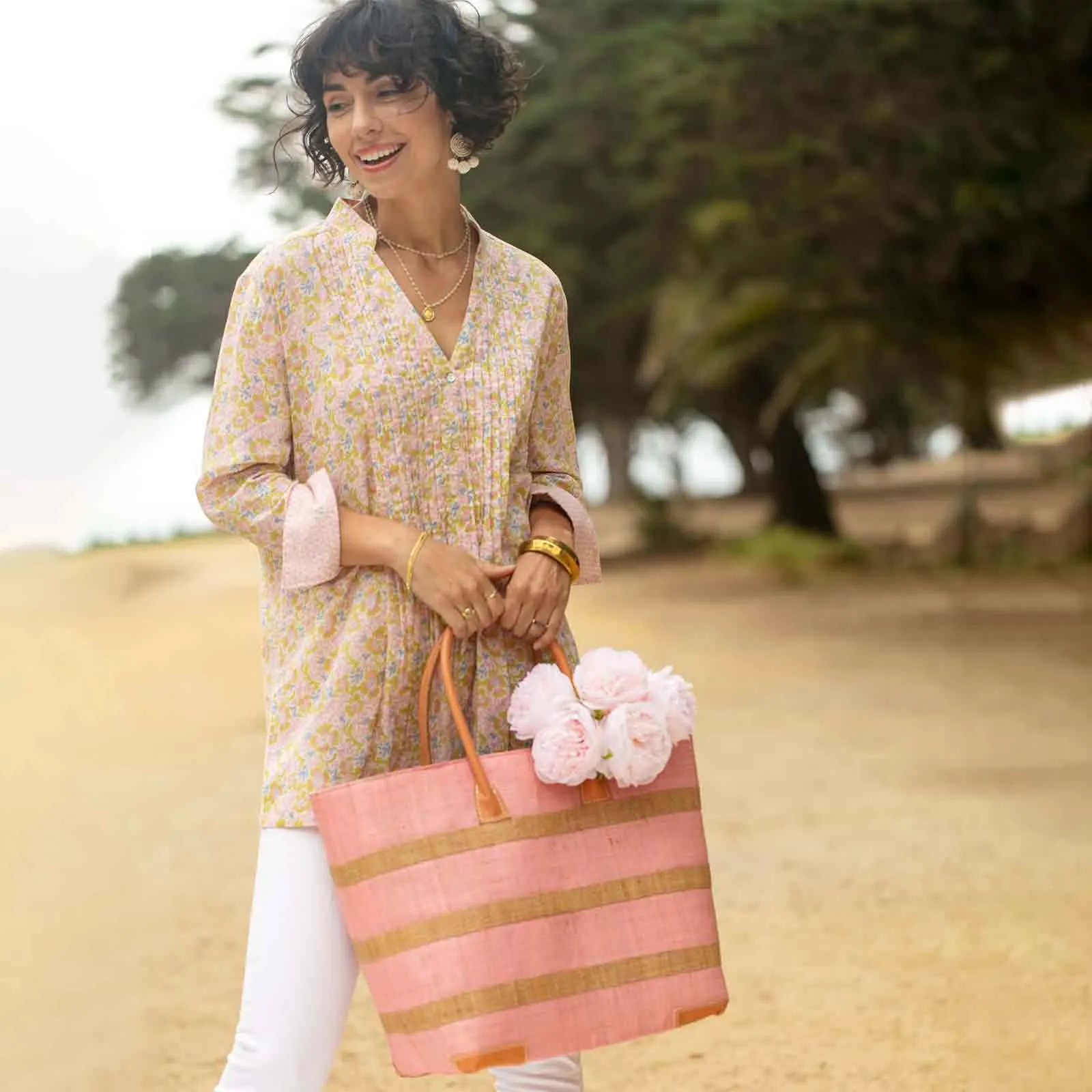 Raffia Pink Beach Stripe Tote with Leather Handle