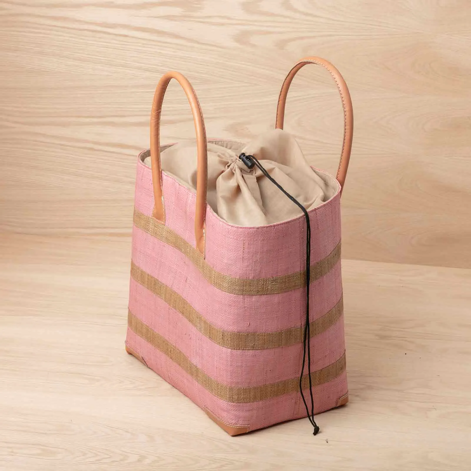 Raffia Pink Beach Stripe Tote with Leather Handle