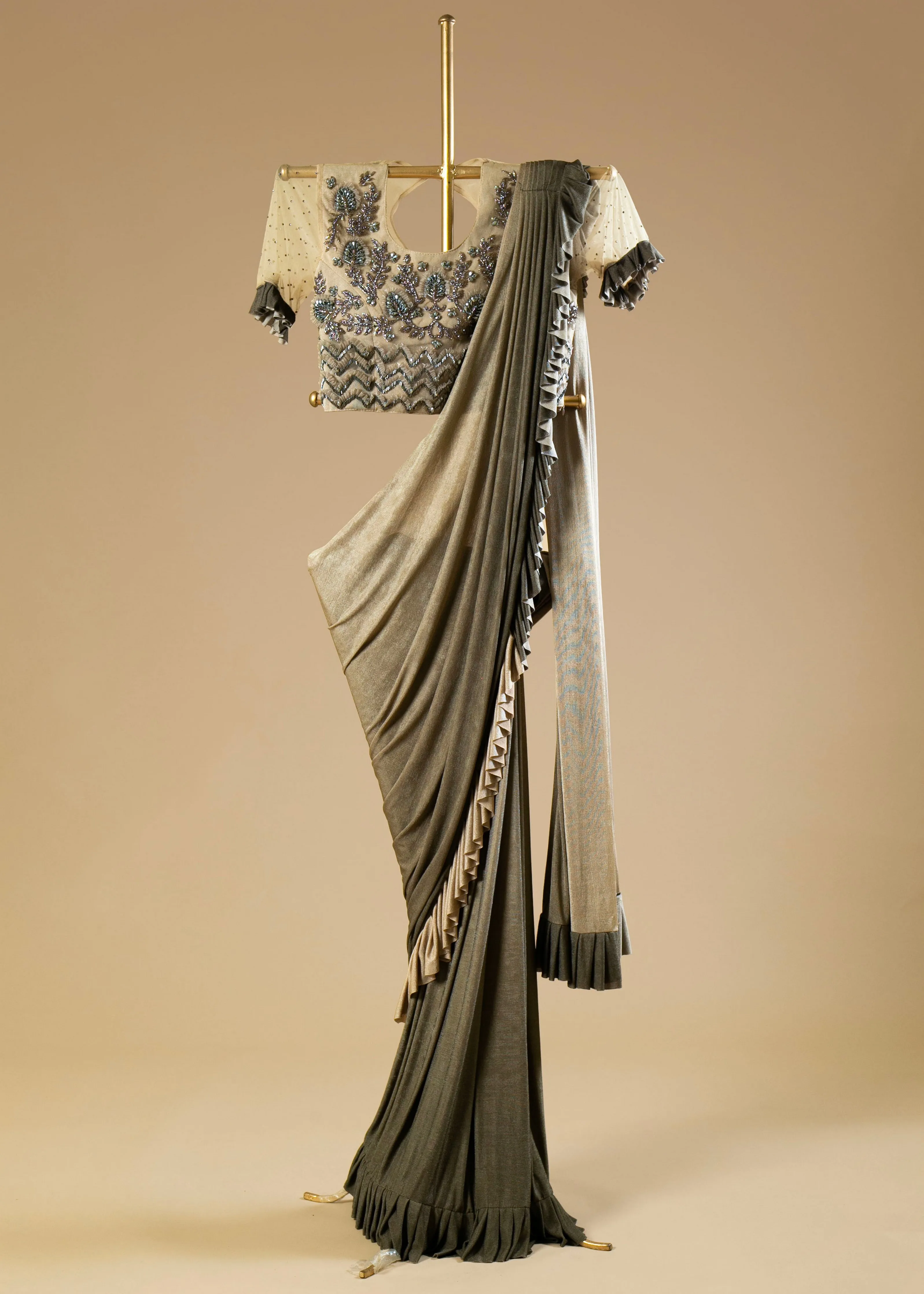 Ready-to-Wear Dust Gold Designer Saree with Embroidered Blouse and Ribbon & Bead Work - Perfect for Special Occasions