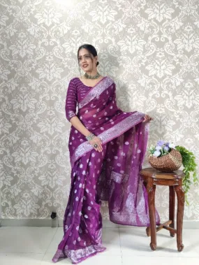 Ready to Wear Purple Banerasi Silk Stitched Readymade Saree