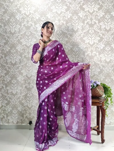 Ready to Wear Purple Banerasi Silk Stitched Readymade Saree