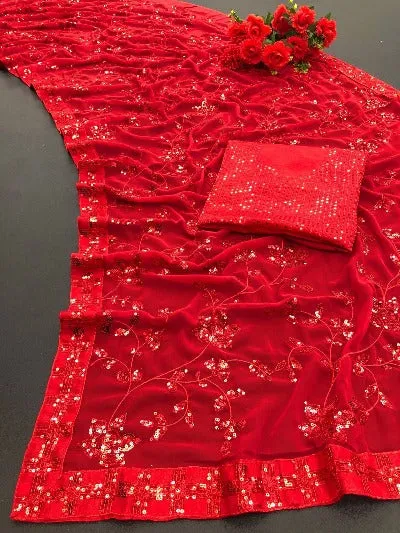 Ready to Wear Red Georgette Sequenced Designer Saree