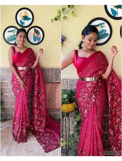 Red 1 Minute Saree Ready to Wear Embroidered Sequence Sari