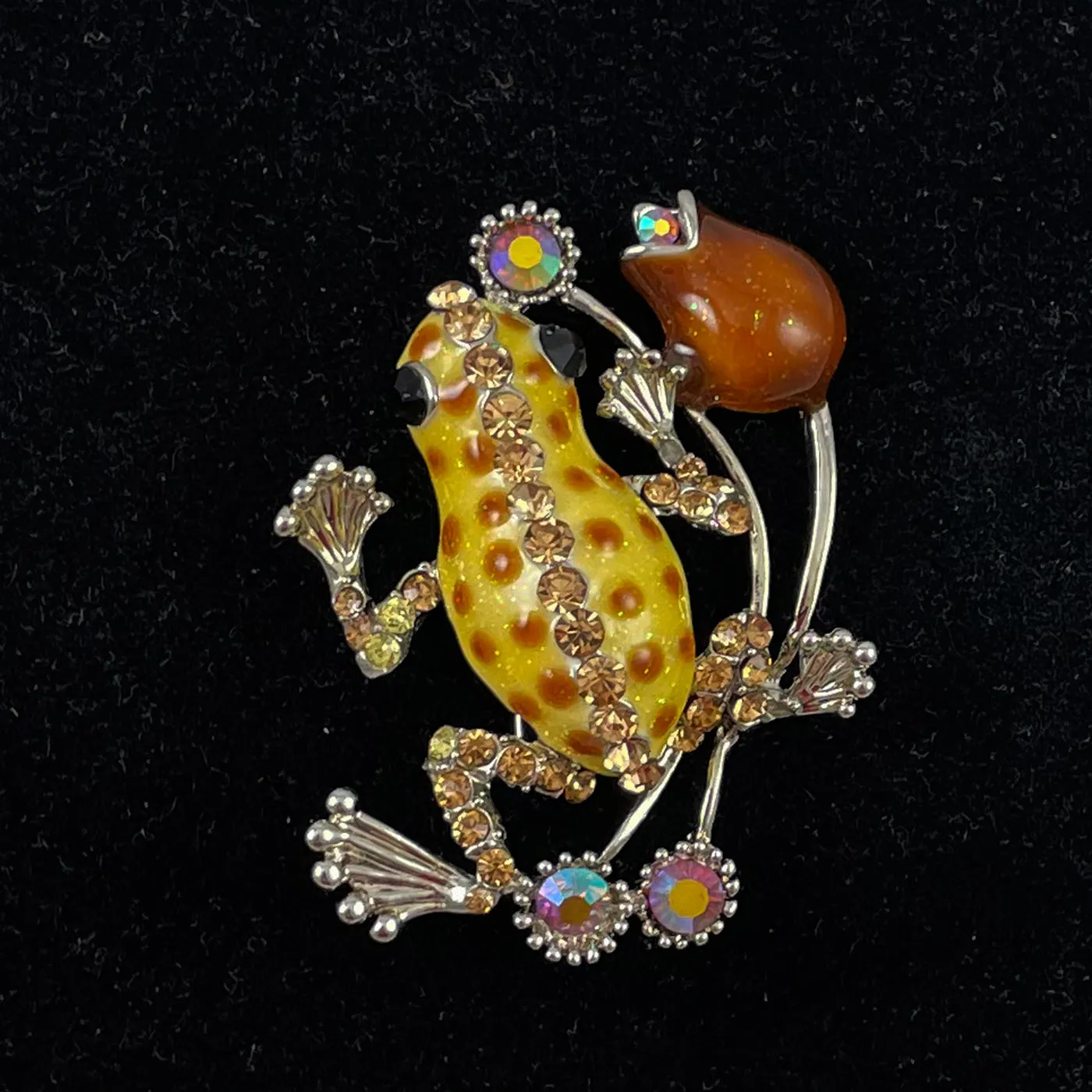 Rhinestone & Enamel Frog Brooch Vintage