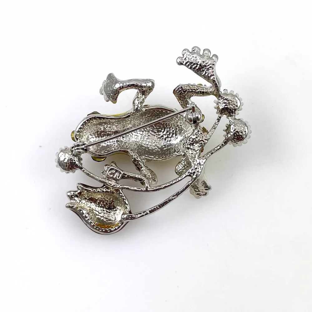 Rhinestone & Enamel Frog Brooch Vintage