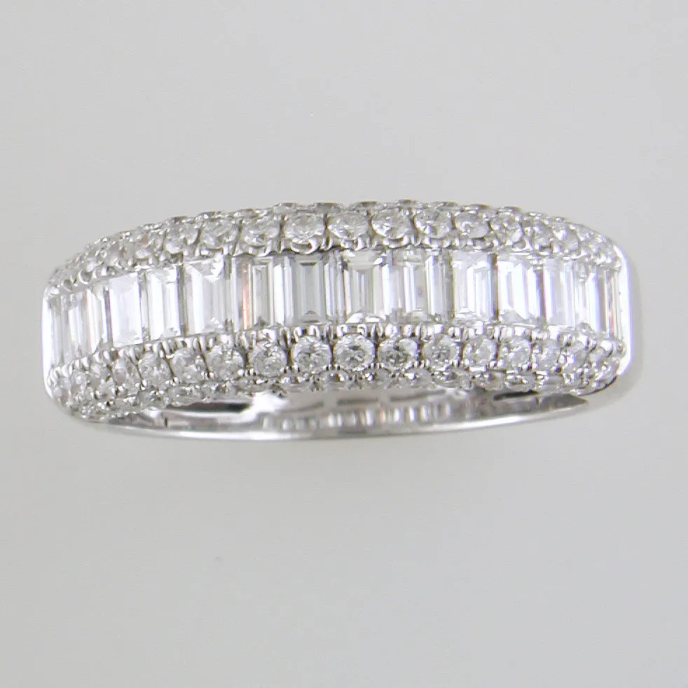 Round & Baguette Diamond Prong Set 18K White Gold Wedding Band Ring