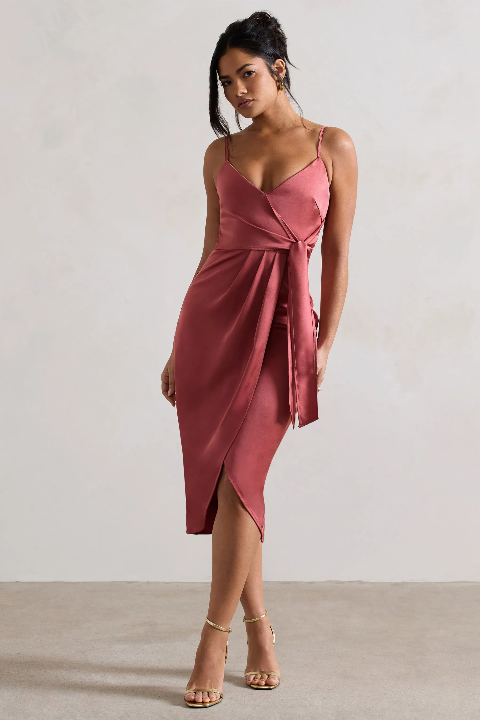 Sabela | Rose Pink Satin Wrap Midi Dress With Knot Detail