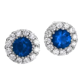 Sapphire & Diamond Round Halo Stud Earrings 18K White Gold