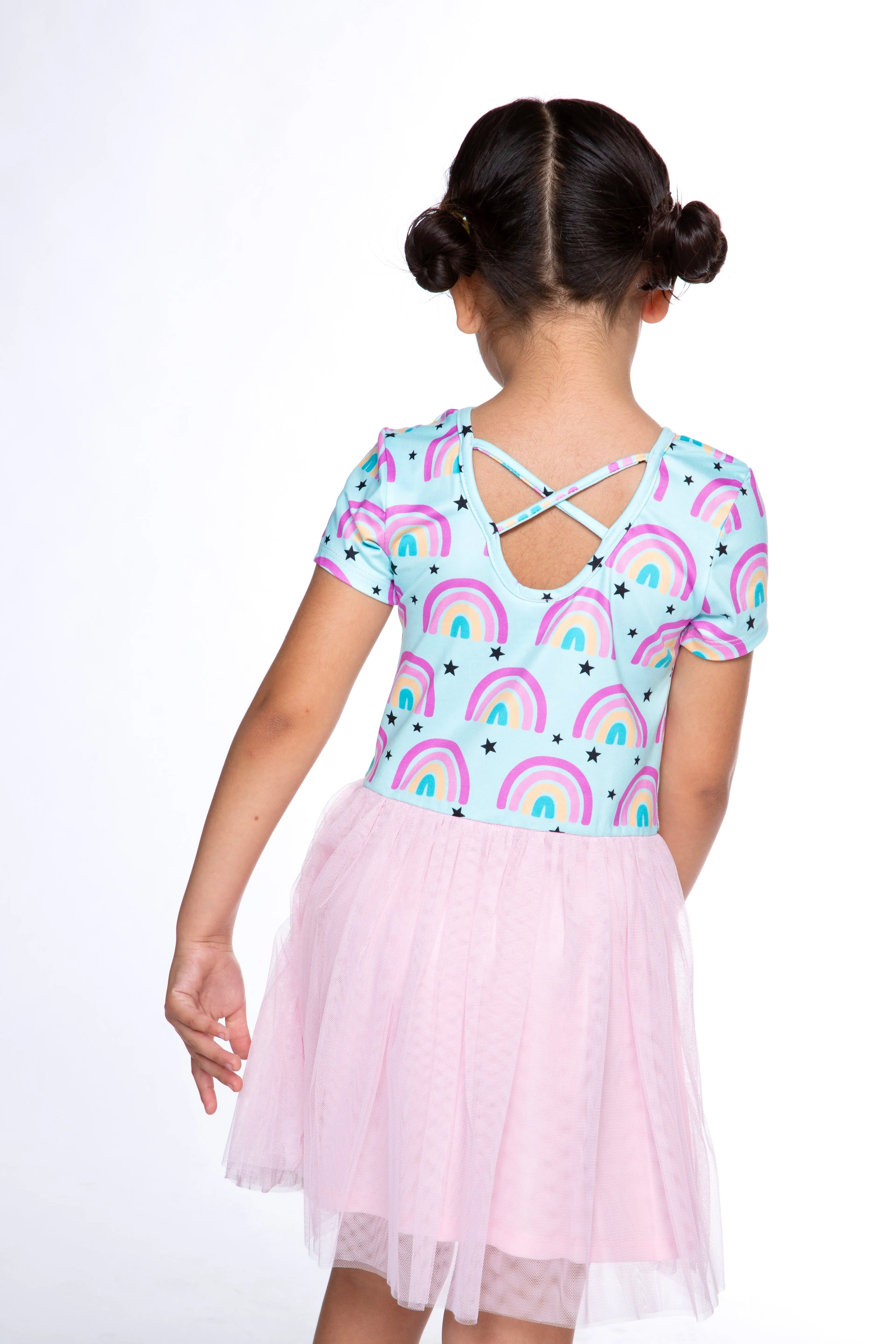 Simply Soft Short Sleeve Be Happy Tulle Dress - Ice Aqua Rainbows