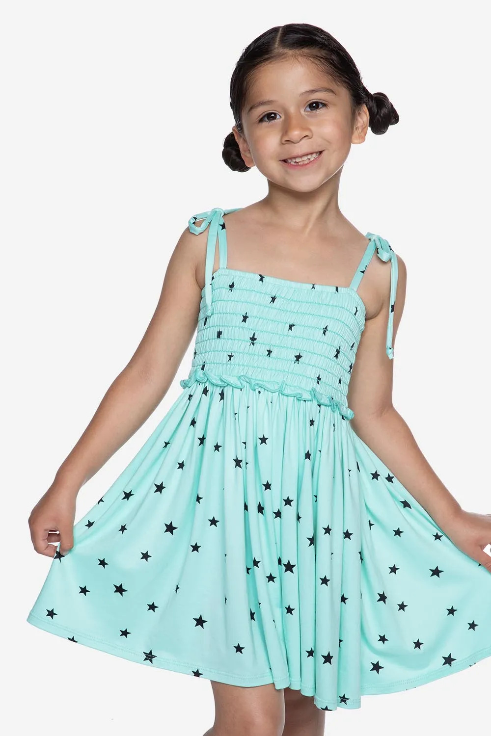 Simply Soft Strappy Smocked Dress - Ice Mint Black Stars