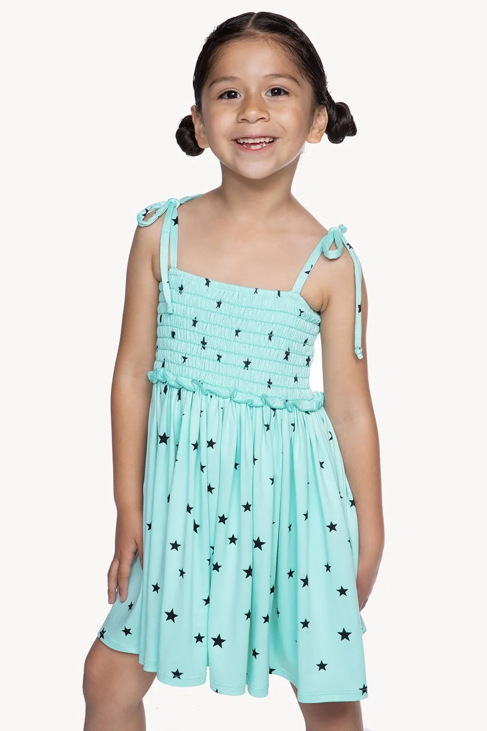 Simply Soft Strappy Smocked Dress - Ice Mint Black Stars