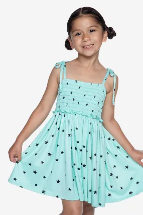 Simply Soft Strappy Smocked Dress - Ice Mint Black Stars