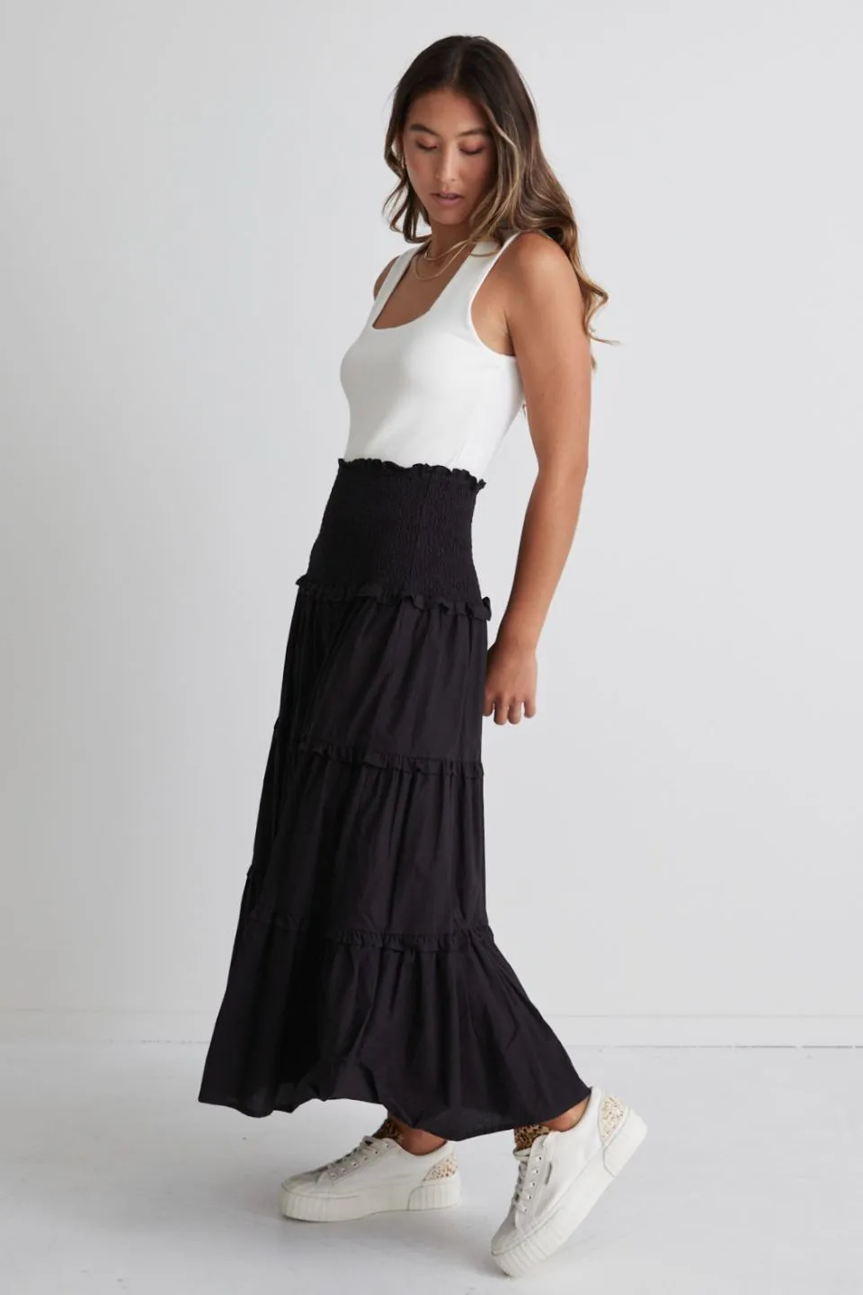 Soaring High Black Cotton Shirred Waist Tiered Maxi Skirt