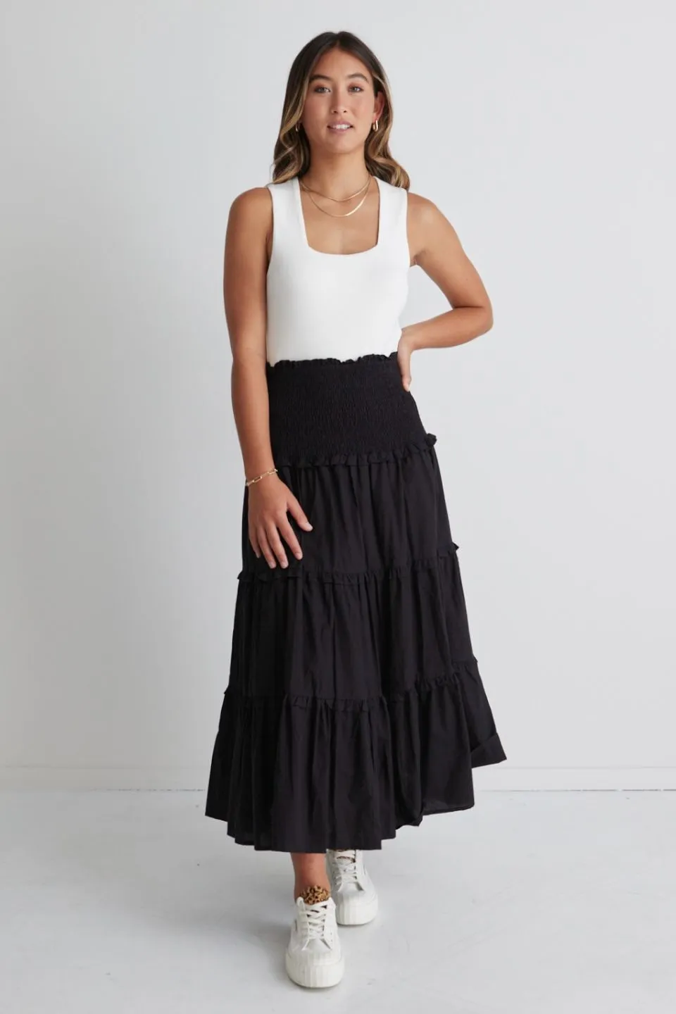 Soaring High Black Cotton Shirred Waist Tiered Maxi Skirt