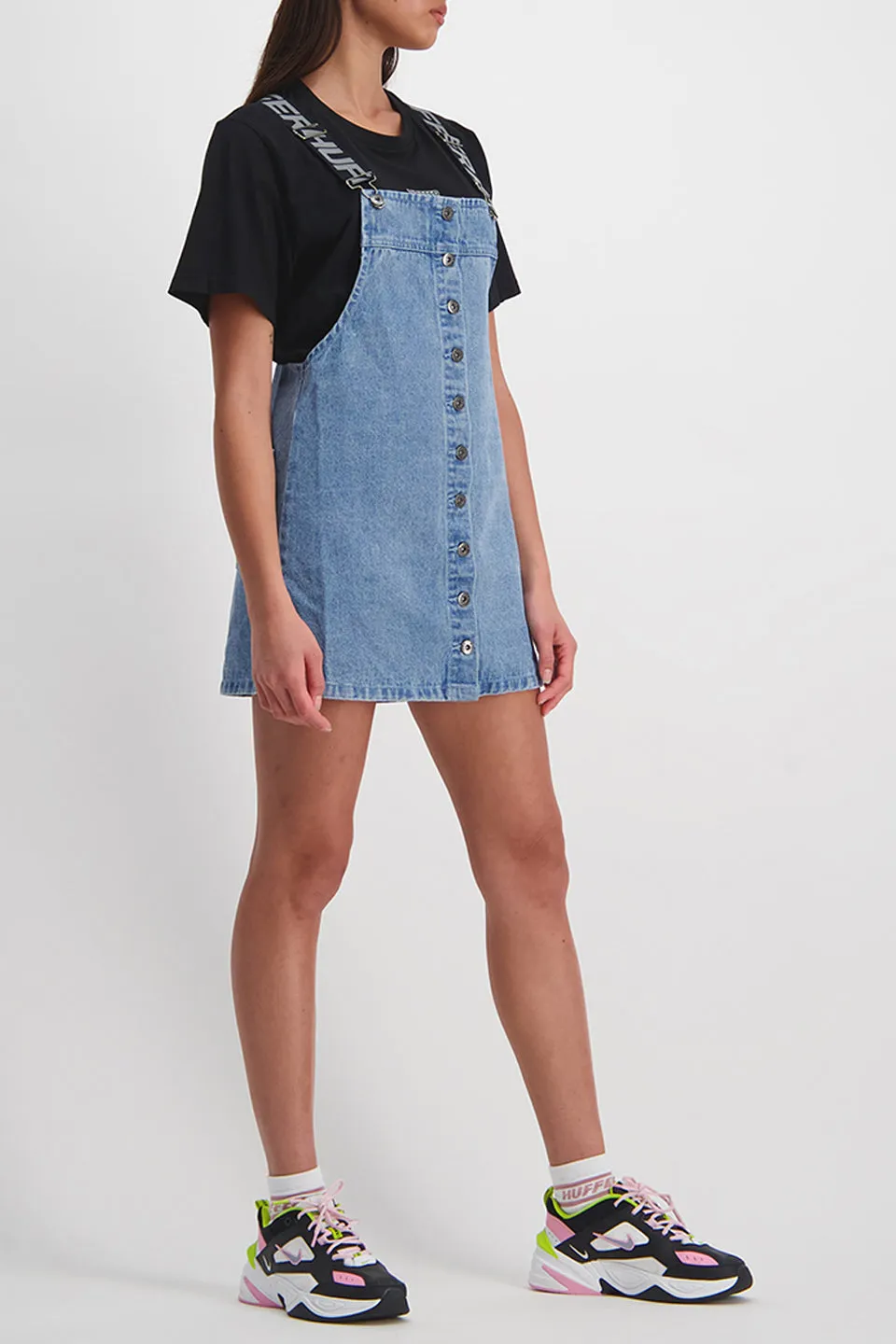 Tessa Logo Black Strap Blue Denim Pinafore Dress