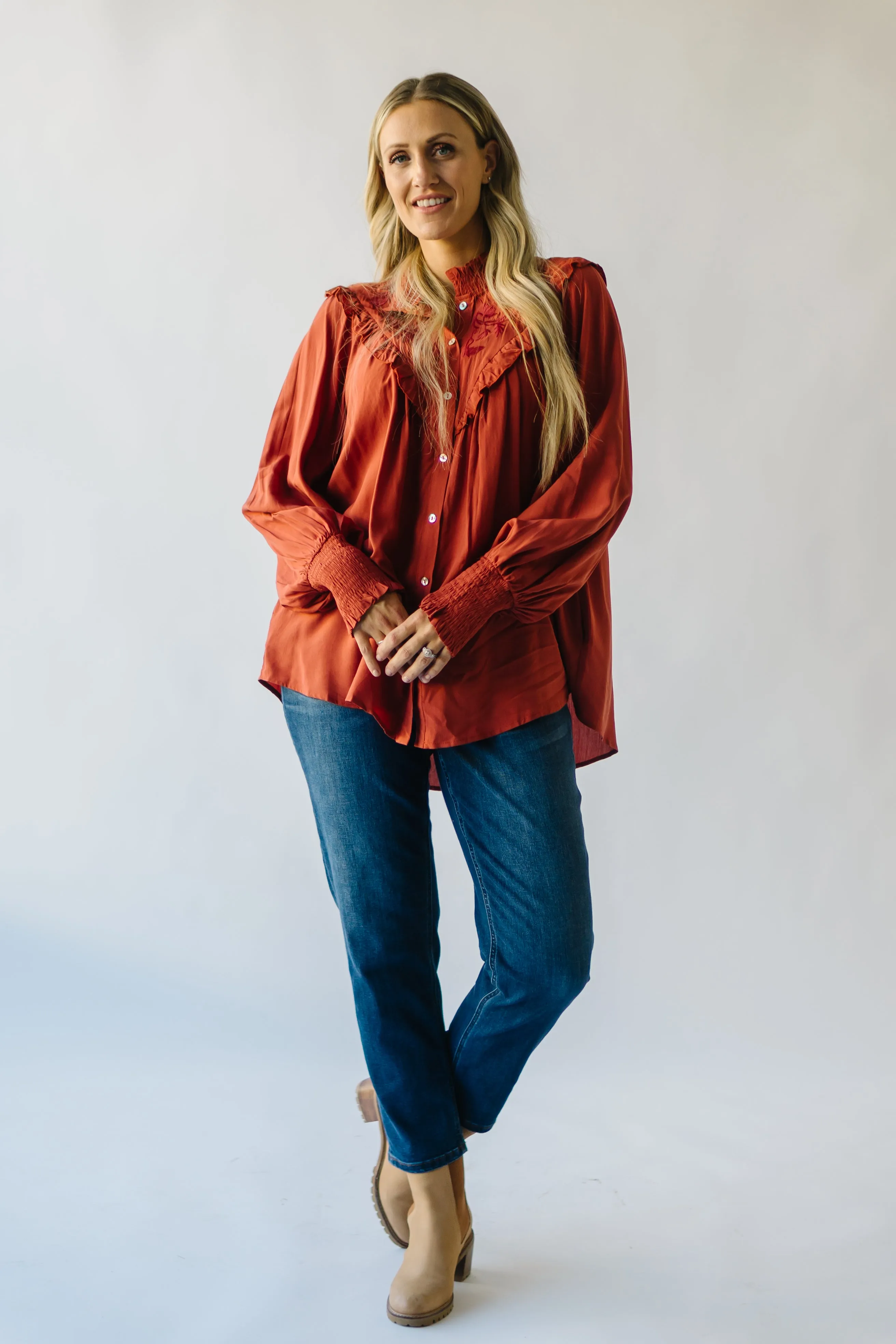 The Albus Embroidered Blouse in Rust