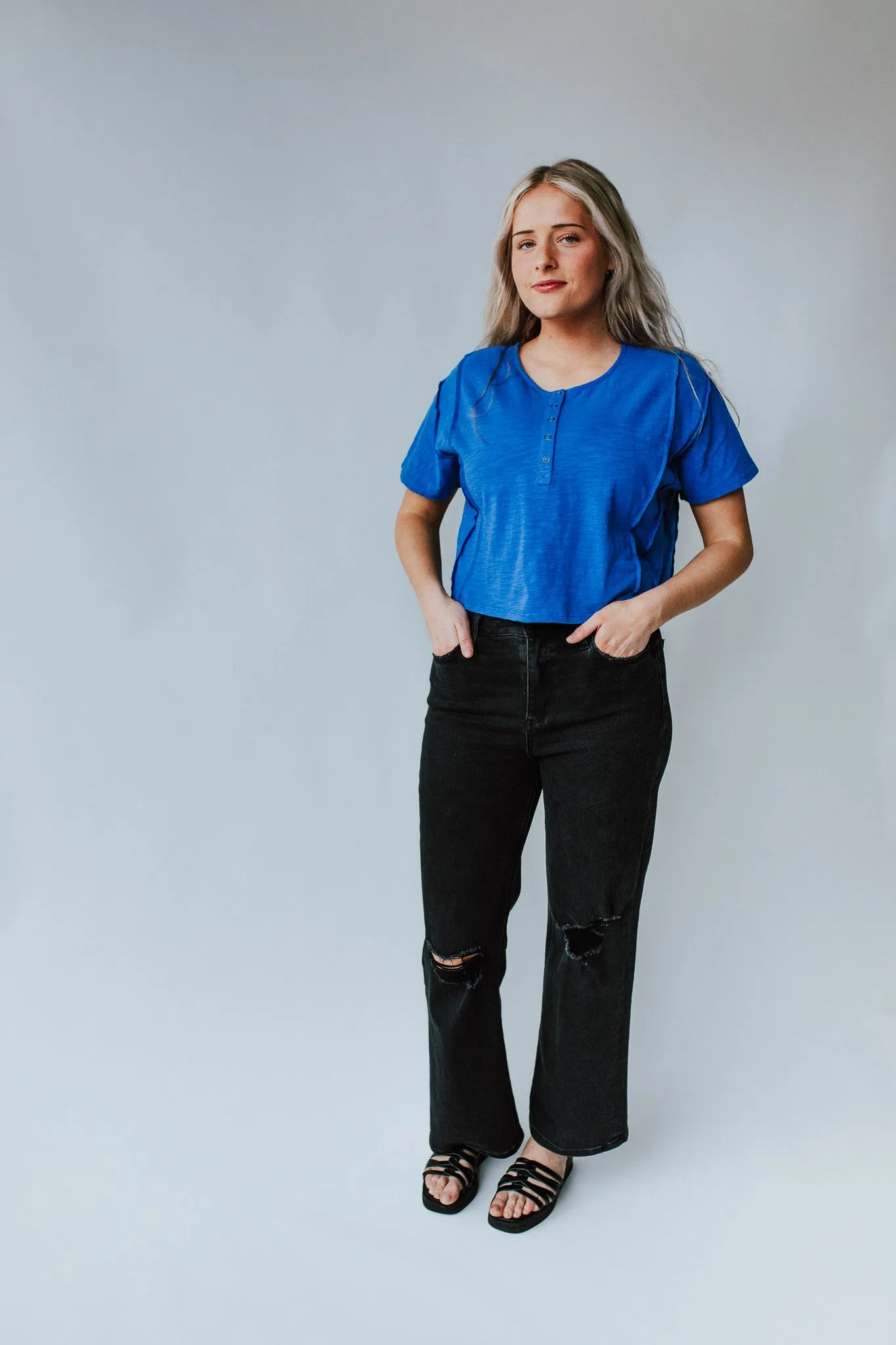 The Marsha Button-Up Tee in Cobalt Blue