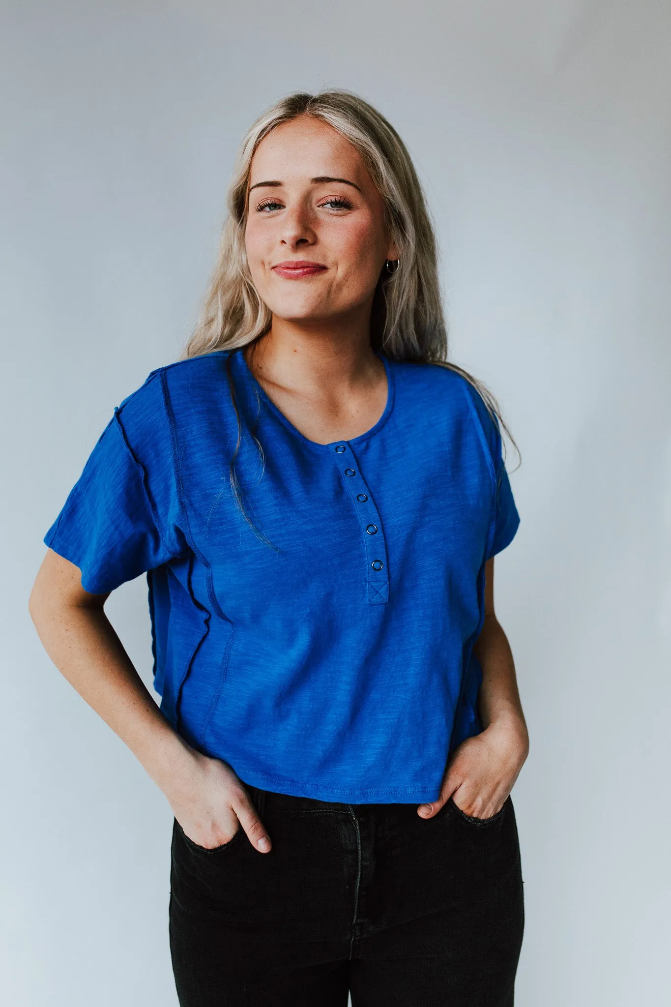 The Marsha Button-Up Tee in Cobalt Blue