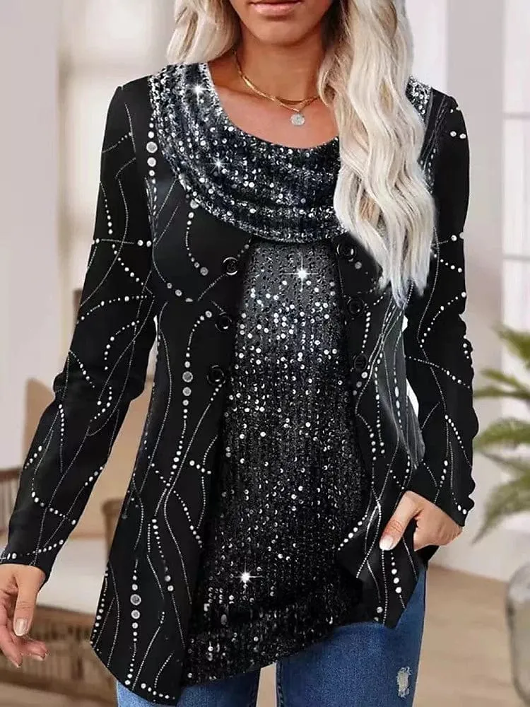 Velvet Graphic Sparkly Women's Blouse with Sequins