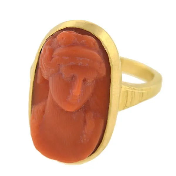 Victorian 18kt Carved Natural Coral Cameo Ring