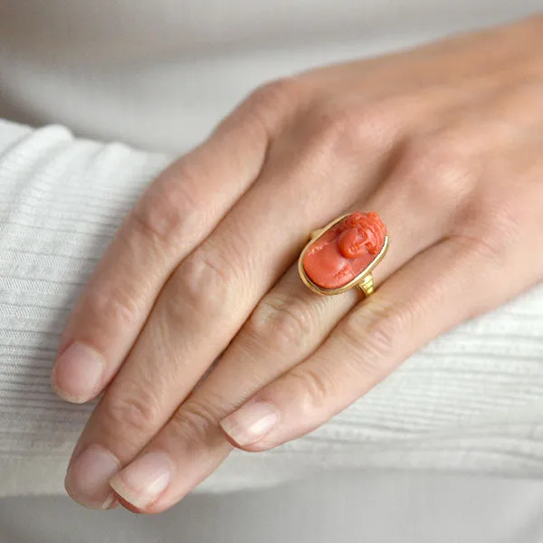 Victorian 18kt Carved Natural Coral Cameo Ring