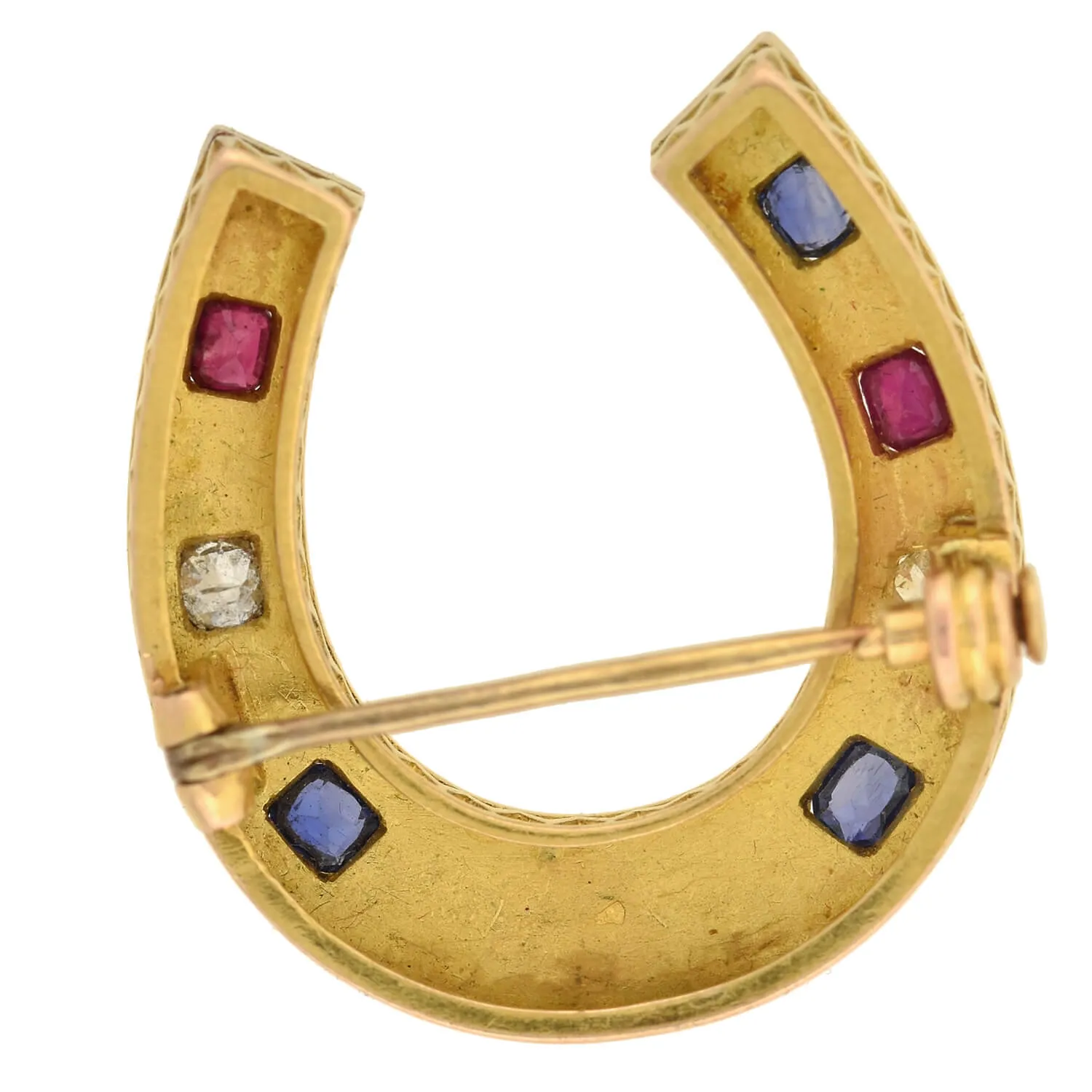 Victorian Large French 18kt Ruby, Diamond   Sapphire Horseshoe Pin