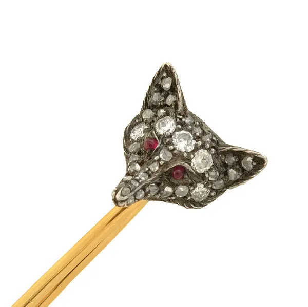 Victorian Sterling/14kt Diamond   Ruby Fox Safety Pin