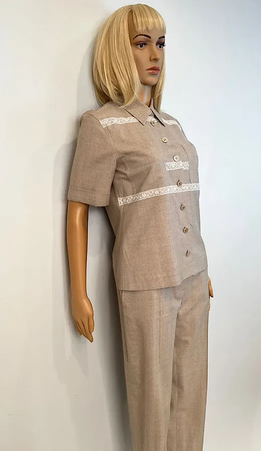 Vintage Chanel 1997 Khaki Blouse Pants Summer Wool Set FR 34