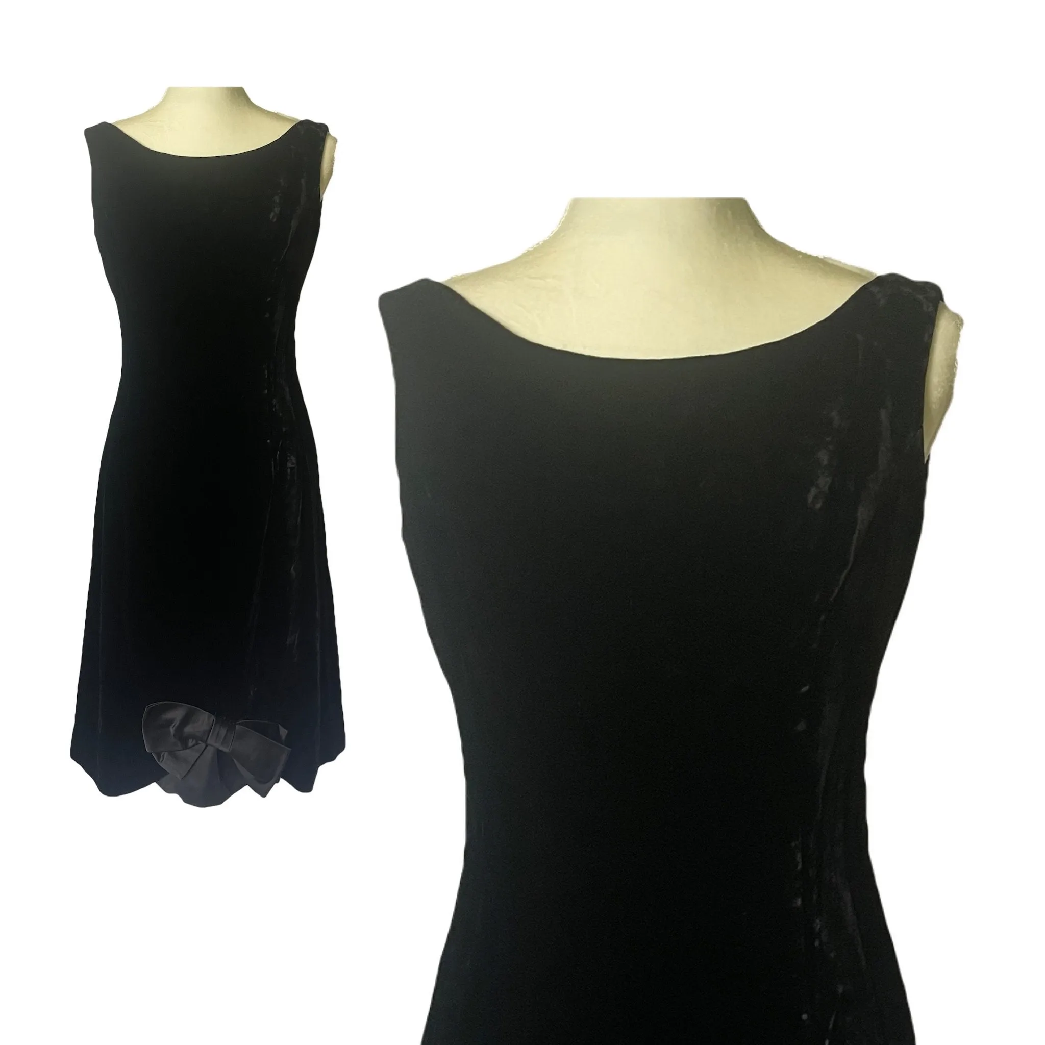 Vintage Elegant Black Velvet Cocktail Dress by Miss Elliette with a Satin Bow Accent. Formal Black Tie Attire.