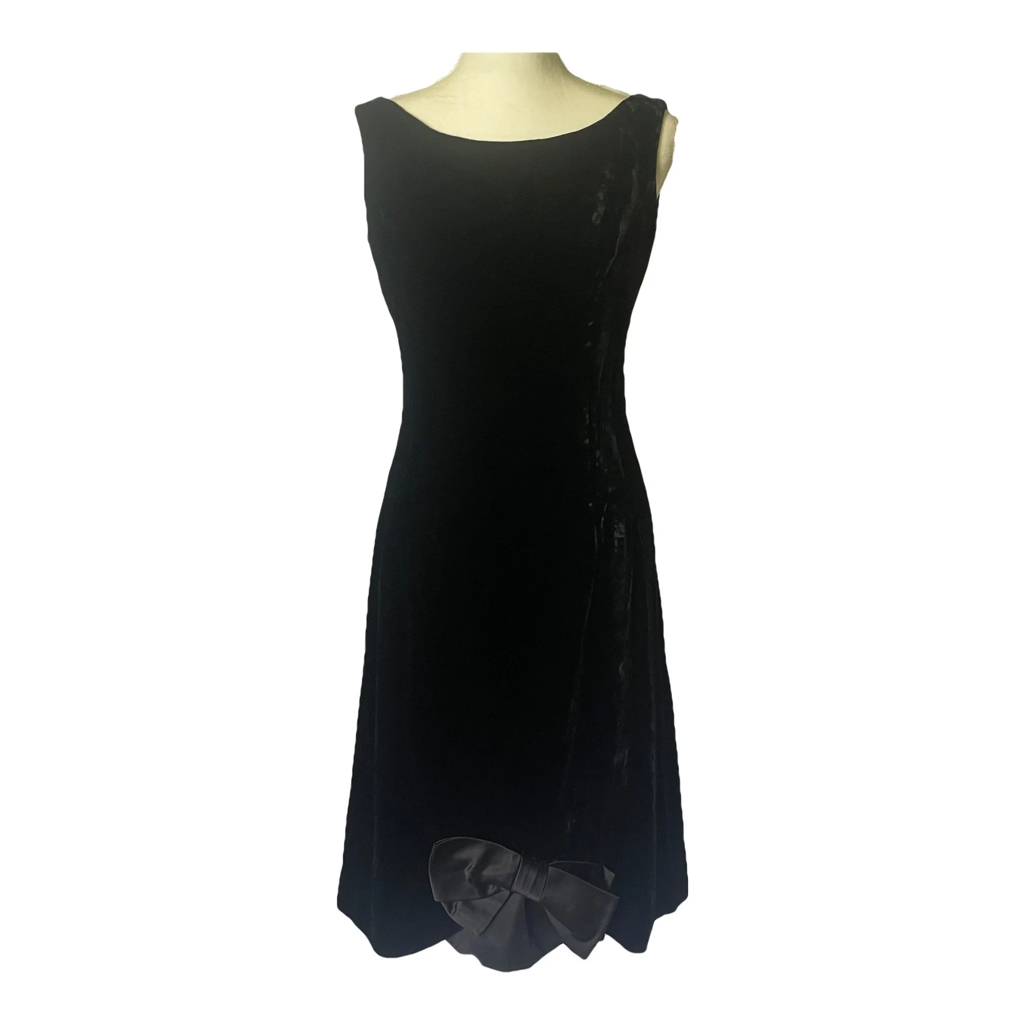 Vintage Elegant Black Velvet Cocktail Dress by Miss Elliette with a Satin Bow Accent. Formal Black Tie Attire.