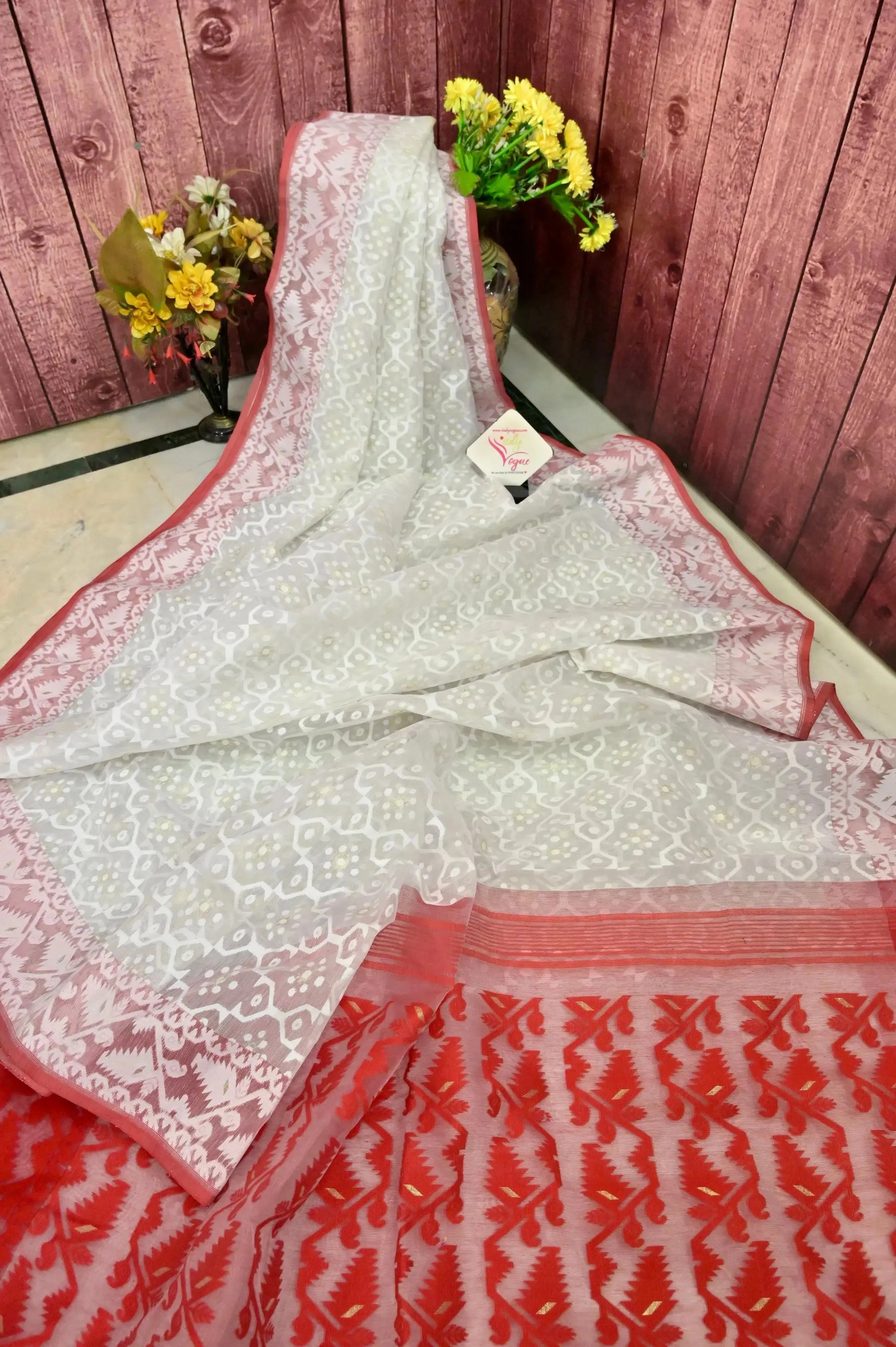 White and Red Color Jamdani Saree