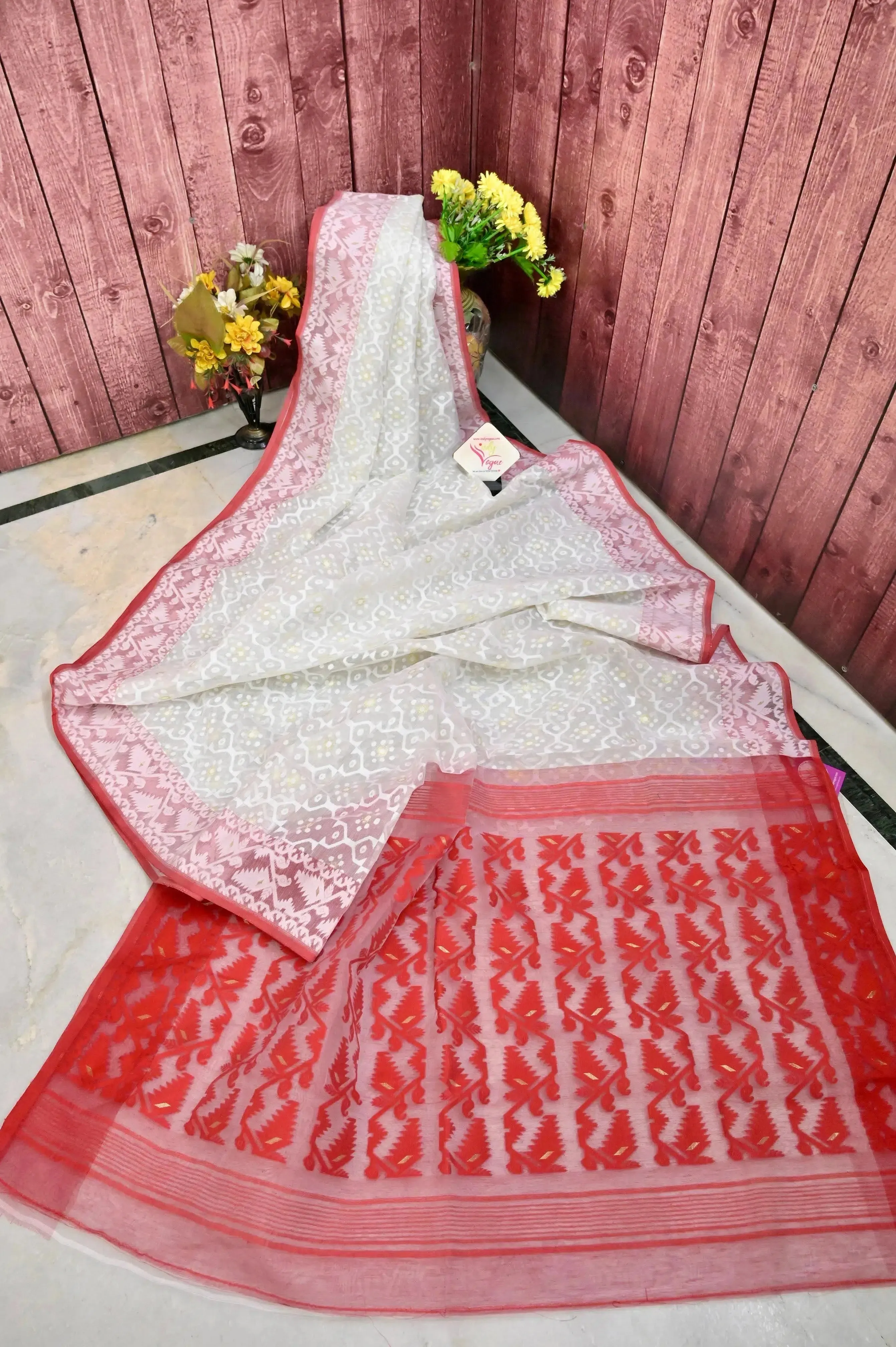 White and Red Color Jamdani Saree