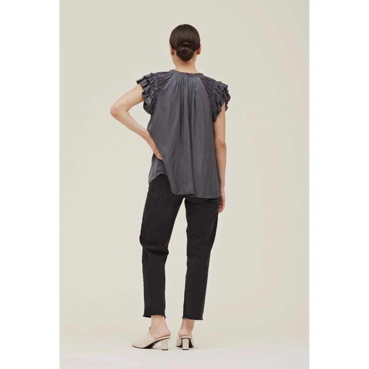 Willa Slate Grey Ruffle Sleeve Blouse Grade and Gather