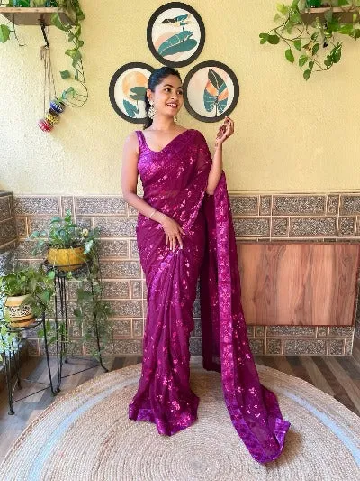 Wine Colour Georgette Sequenced Designer Saree