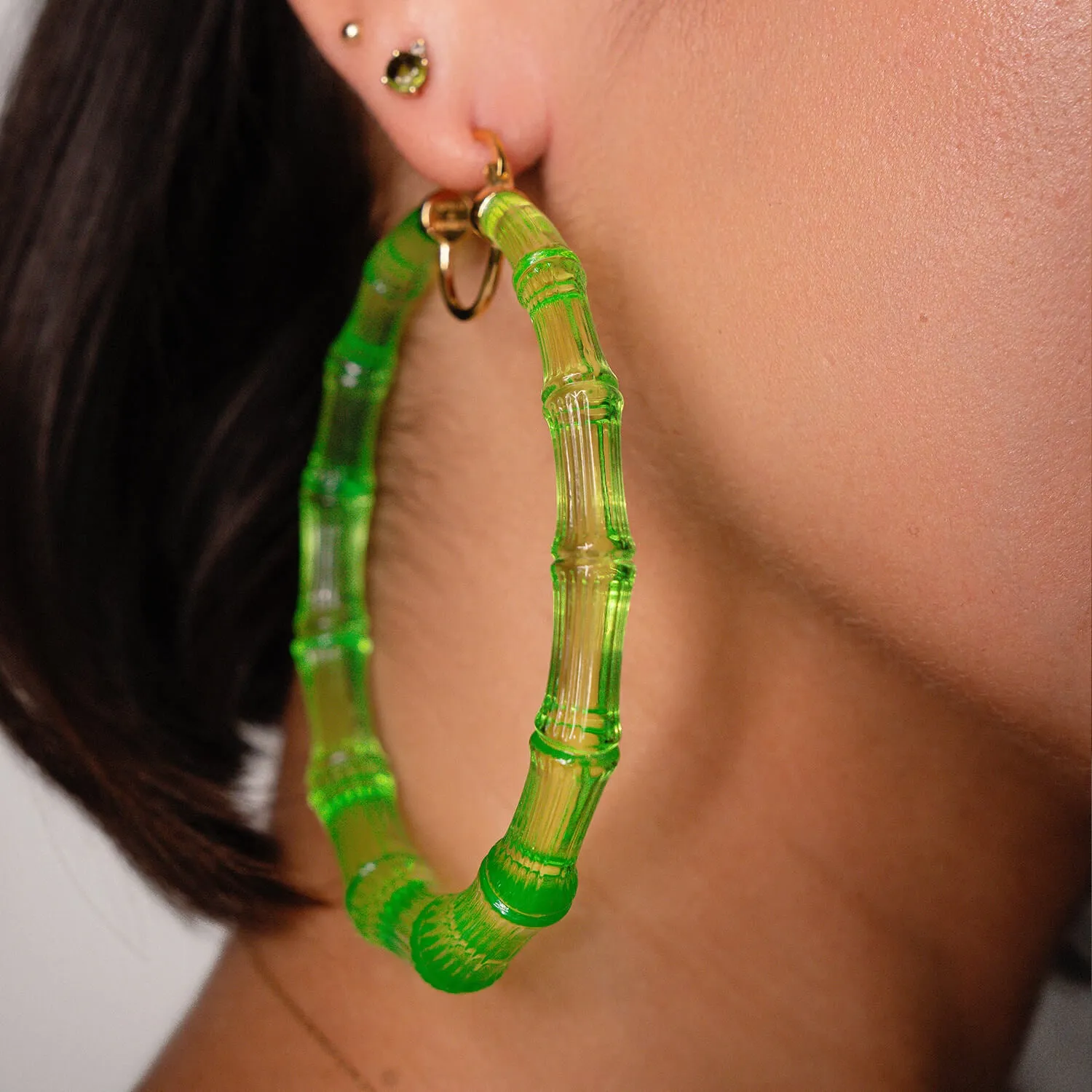 XL Lime Green Lucite Bamboo Hoop Earrings